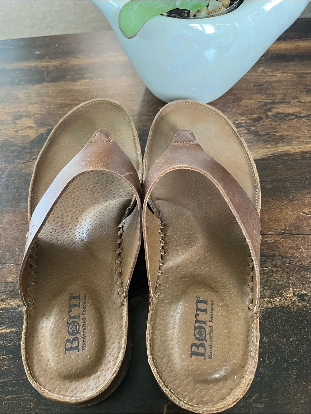 Born Brown Leather Thong Sandals - Women's Slip-On Footbed